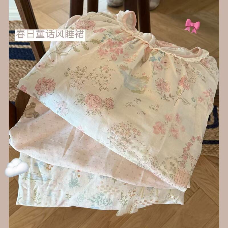 Spring Fairy Tale Style Pure Cotton Gauze Nightgown for Women Spring, Autumn and Summer Thin Loose Long-Sleeved Pajamas Home Wear Mid-Length Skirt Spring Fairy Tale Style Pure Cotton Gauze Nightgown for Women Spring, Autumn and Summer Thin Loose Long-Sleeved Pajamas Home Wear Mid-Length Skirt