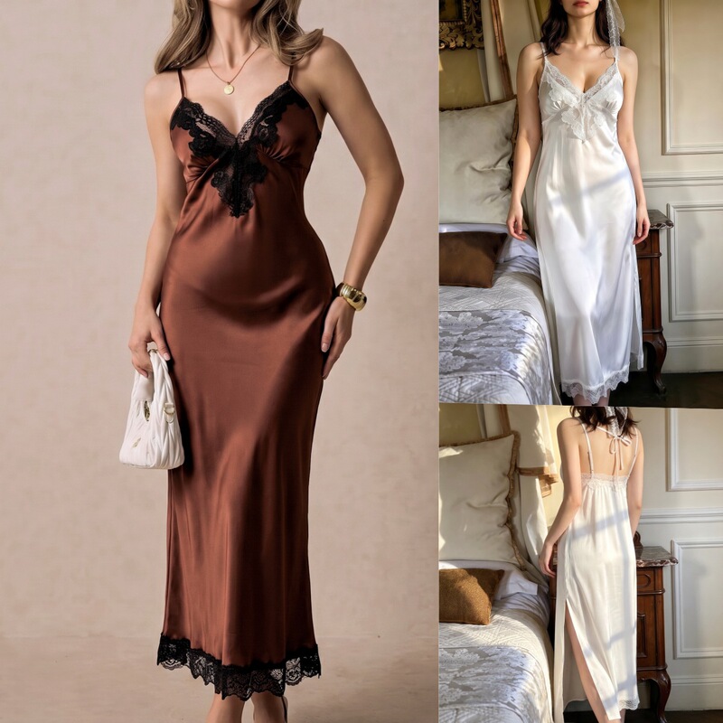 Sexy lace strap long nightgown, stretch satin loungewear, European size, side slit long nightgown Sexy lace strap long nightgown, stretch satin loungewear, European size, side slit long nightgown