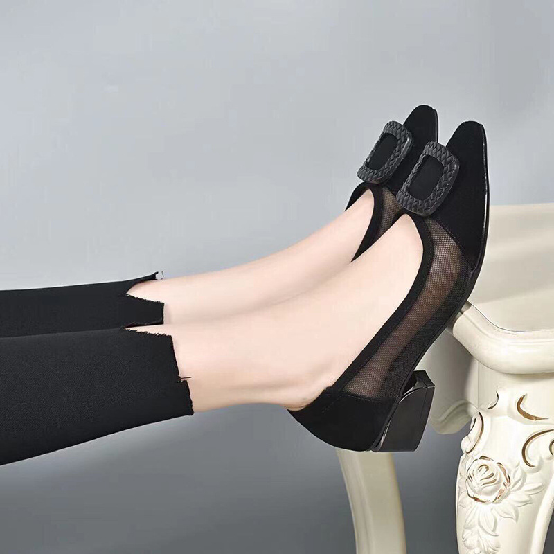 Giày lười nữ mũi nhọn da lưới thoáng khí, xỏ chân tiện lợi, gót 3 cm — Gót đen cao 3 cm