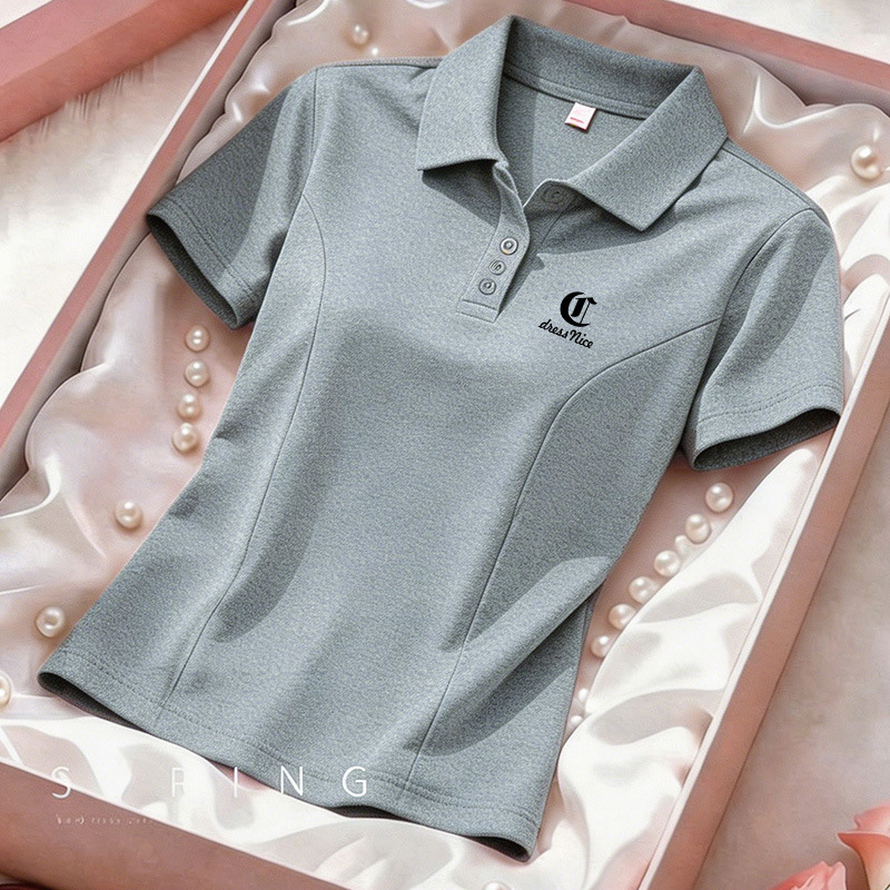 (95% Cotton, 5% Spandex) New Summer Style High-End Polo Shirt with Lapel, Short-Sleeved T-Shirt for Middle-Aged Mothers, Women's Top