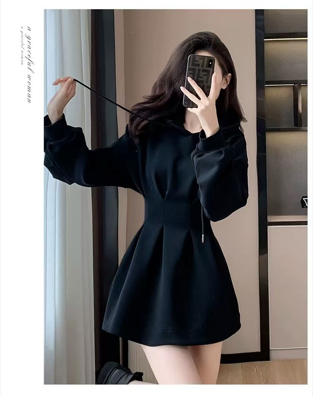 黑色辣妹显瘦高级感小个子连衣裙收腰卫衣裙秋冬季新款裙子短裙女|undefined