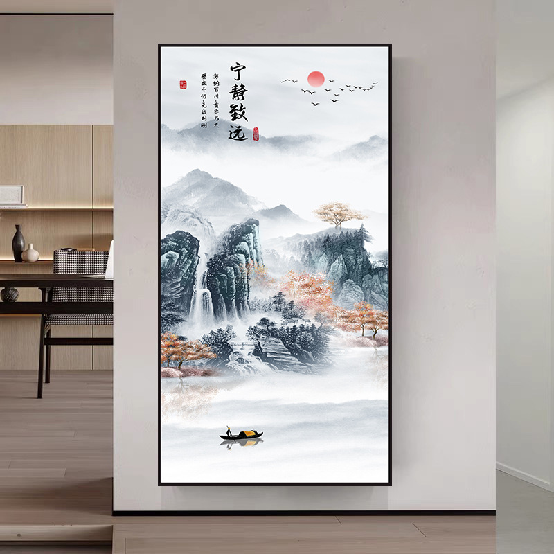 玄关装饰画墙纸贴画新中式入户客厅走廊过道竖版进门山水画自粘壁|undefined