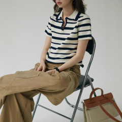 Joli Choose コントラストストライプニット半袖 T シャツレディース夏ポロカラーカジュアル通勤万能シャツ
