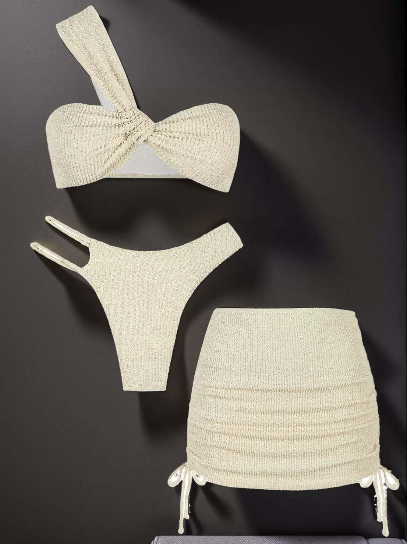 3-Piece Women's Swimwear Set, split textured design, beige/orange, S–XL