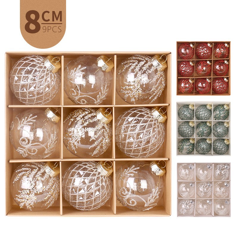 Navidad 8cm / 9PCS PET transparente pintado caja de regalo de Navidad set colgante de árbol de Navidad