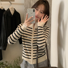 i miss洋气小个子条纹拉链立领针织开衫女2025秋季短款毛衣外套