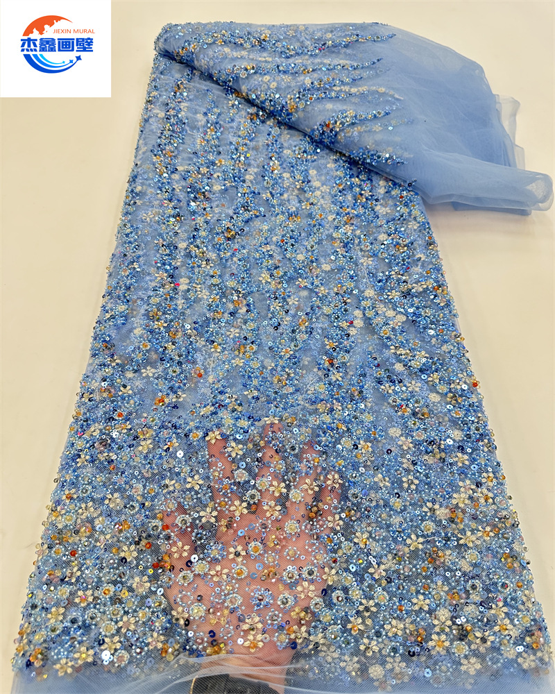 非洲重珠蕾丝面料高品质法国刺绣尼日利亚亮片蕾丝面料用于缝纫