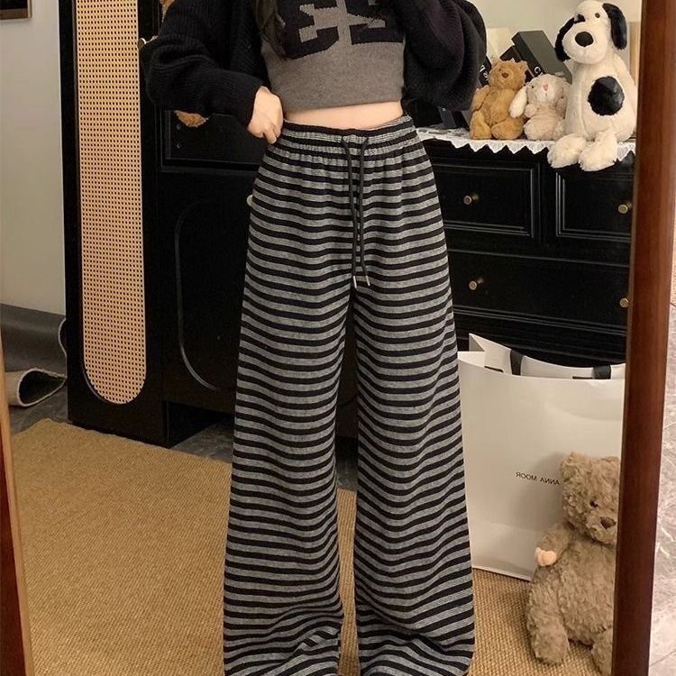 复古条纹裤子阔腿裤女松紧腰抽绳休闲裤女春秋款新款高腰宽松慵懒|undefined