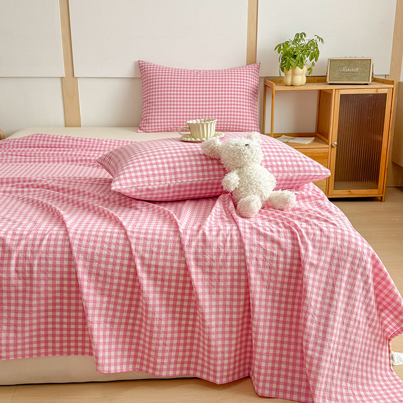 Sábana de algodón lavado de algodón de una sola pieza de algodón 100 dormitorio de estudiantes edredón de celosía individual funda de almohada de tres piezas 3