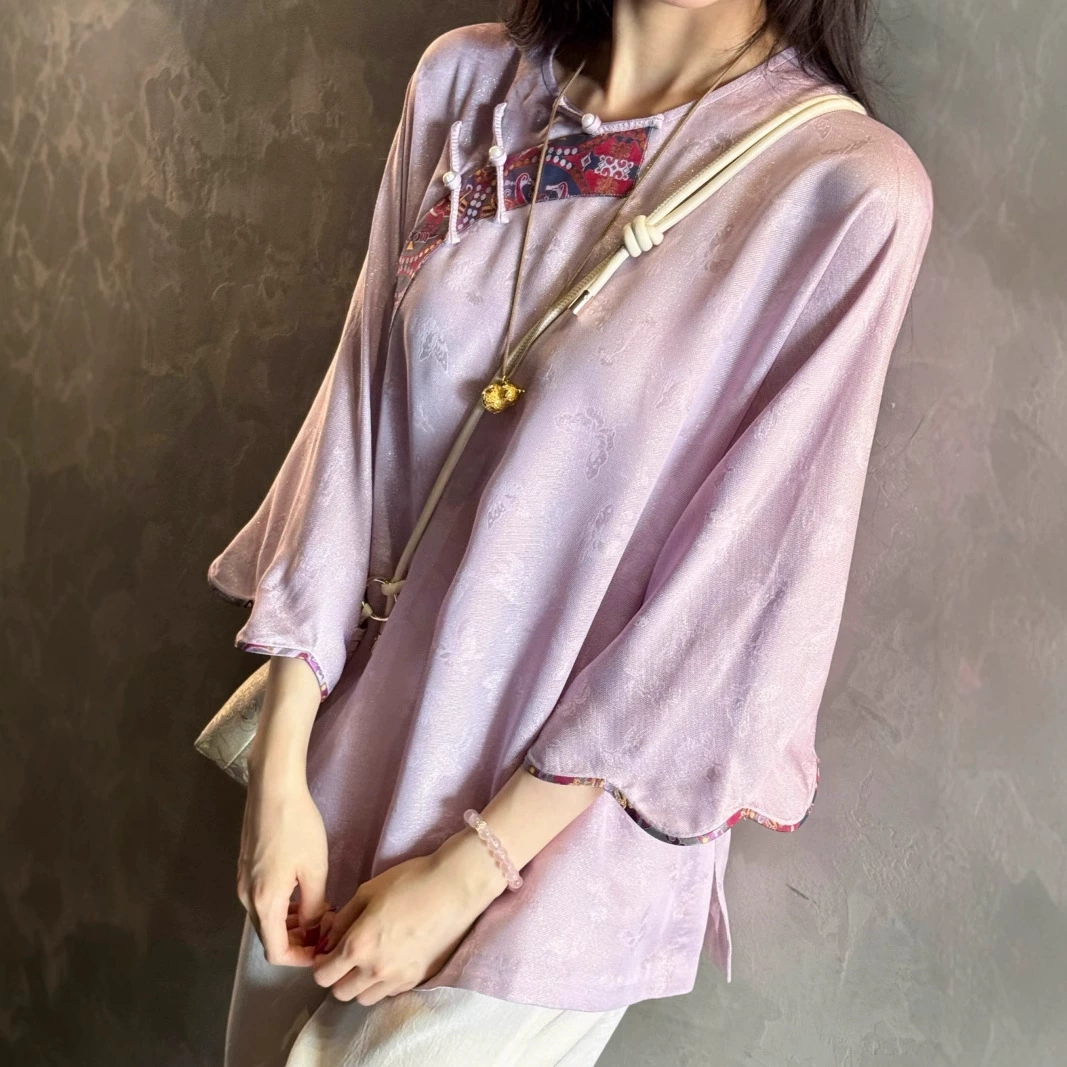 Новый китайский стиль, оптовая продажа, высококачественный тканый золотой четырехниточный витой шелк Nanyou, фиолетовый лоскутный рукав с лепестками.