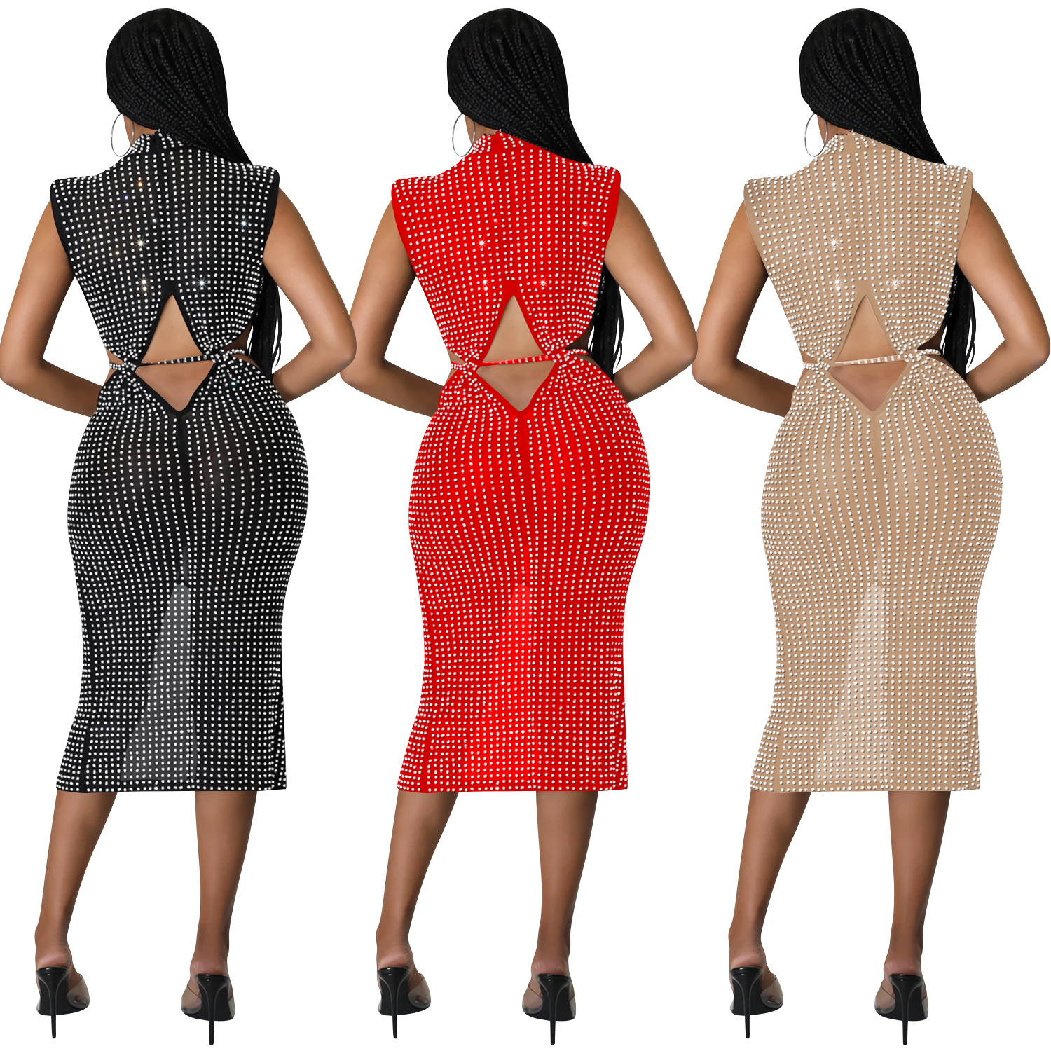 C596 transfronteriza AliExpress amazon moda sexy malla perspectiva rhinestone hueco split vestido ropa de mujer