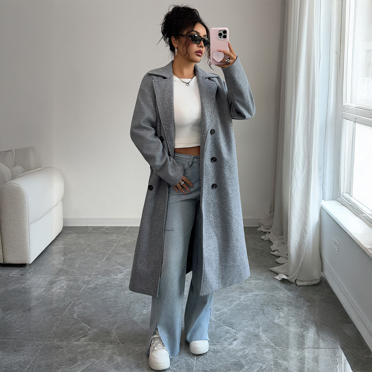 ​​Elegant Button-Down Trench Coat For Women – Minimalist Long Coat In Soft Gray, Polyester, Office & Casual Wear​​_ecoleips.com