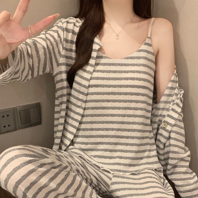 条纹三件套睡衣女春秋款带胸垫高级感吊带长袖长裤冬季外穿家居服|undefined