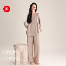 春夏女士双层纱睡衣薄 V领套头简约优雅宽松全棉可外穿家居服套装
