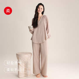 春夏女士双层纱睡衣薄 V领套头简约优雅宽松全棉可外穿家居服套装