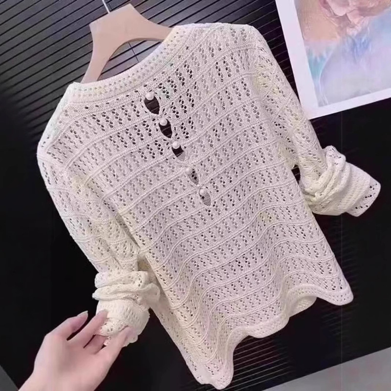 Hollow Knitted Knitwear for Women 2025 Summer Fashion Pearl Beautiful Back Long-Sleeved Round Neck Top Simple Thin Air-Conditioned Blouse Hollow Knitted Knitwear for Women 2025 Summer Fashion Pearl Beautiful Back Long-Sleeved Round Neck Top Simple Thin Air-Conditioned Blouse