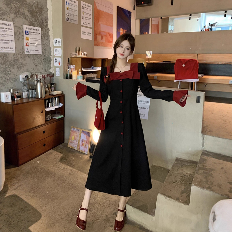 大码法式长袖连衣裙女秋季收腰显瘦蝴蝶结长裙胖MM赫本风气质裙子|undefined