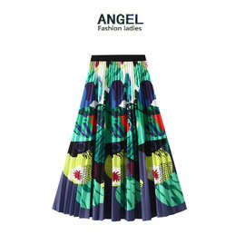 绿色抽象韩版小众时尚数码印花半身裙女百褶裙显瘦中长裙子2125