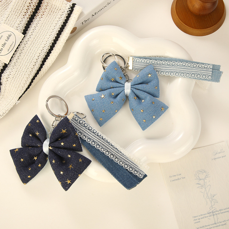 Korean-Style Fashion Lace Denim Bow Keychain Japanese Sweet Fabric Bow Tie Small Gift Keychain Bag Pendant
