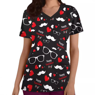 Hot Valentine's Day Love Sunglasses 3D Digital Printing Women's Casual All-match V-neck Shoulder Short-sleeved T-shirt Nursing Wear