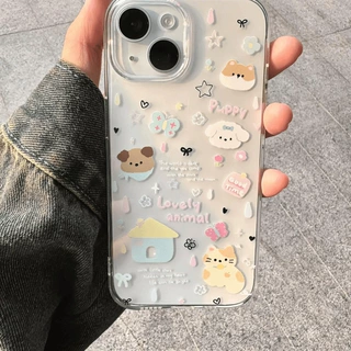 彩色雨点猫狗适用苹果16PROMAX手机壳iPhone15卡通感14可爱13透明