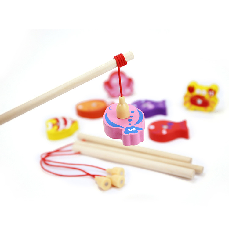 Caña de pescar magnética de madera para niños fuerte magnética educativa práctica accesorios de juguete fábrica de madera jardín de infantes pesca para bebés