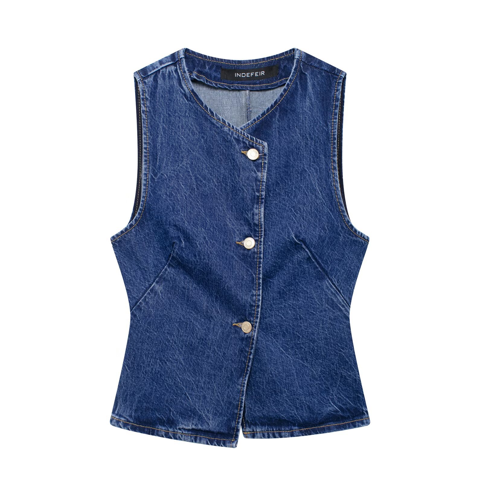 Completo da donna in due pezzi in denim slim fit, senza maniche, con gilet e pantaloni, stile europeo-americano, nuovi arrivi primaverili_voghion.com