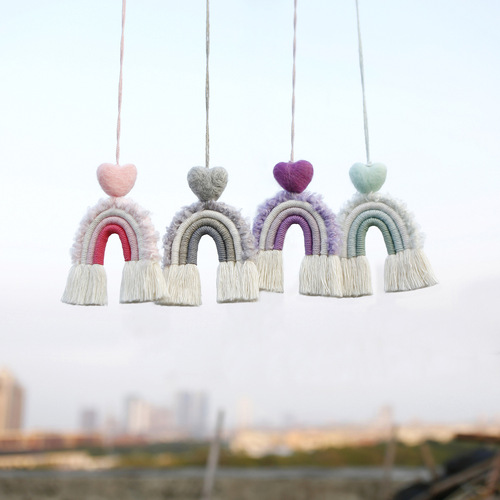 Ins style tassel car pendant DIY hand-knitted finished product love Valentine’s Day plush rainbow car pendant