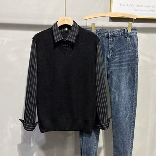 Light mature style autumn and winter 2024 New British knitted casual vest shirt men's fake two-piece sweater top