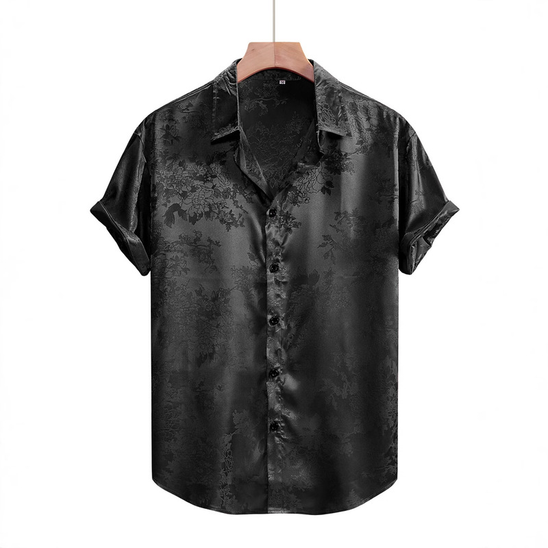 Men's shiny luxury silk satin floral jacquard short cufflinks shirt, party shirt fashion, suitable for prom and