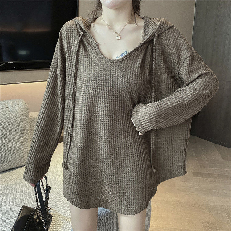 Waffle Hong Kong estilo estudiante suéter mujer primavera y otoño suelto estilo coreano con capucha frito calle estilo perezoso BF chaqueta delgada image 9
