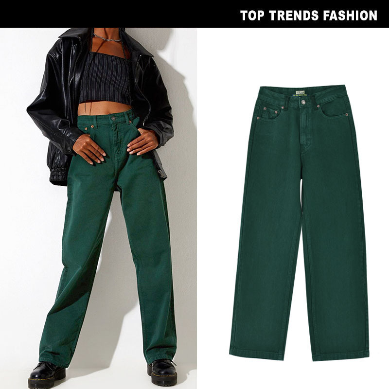 Sneakers Women's Denim Pants Dark Green Straight Color High Waist Loose Cool Sexy Draped European and American Pants Emerald Sneakers Women's Denim Pants Dark Green Straight Color High Waist Loose Cool Sexy Draped European and American Pants Emerald