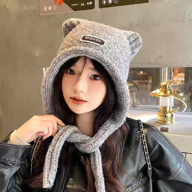 雷锋帽秋冬可爱耳朵系绳套头帽女加厚护耳针织帽保暖包头帽毛线帽|undefined
