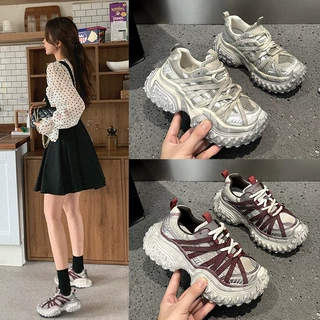 巴黎复古擦色做旧安可拉红老爹鞋女2026春厚底增高系带运动脏脏鞋