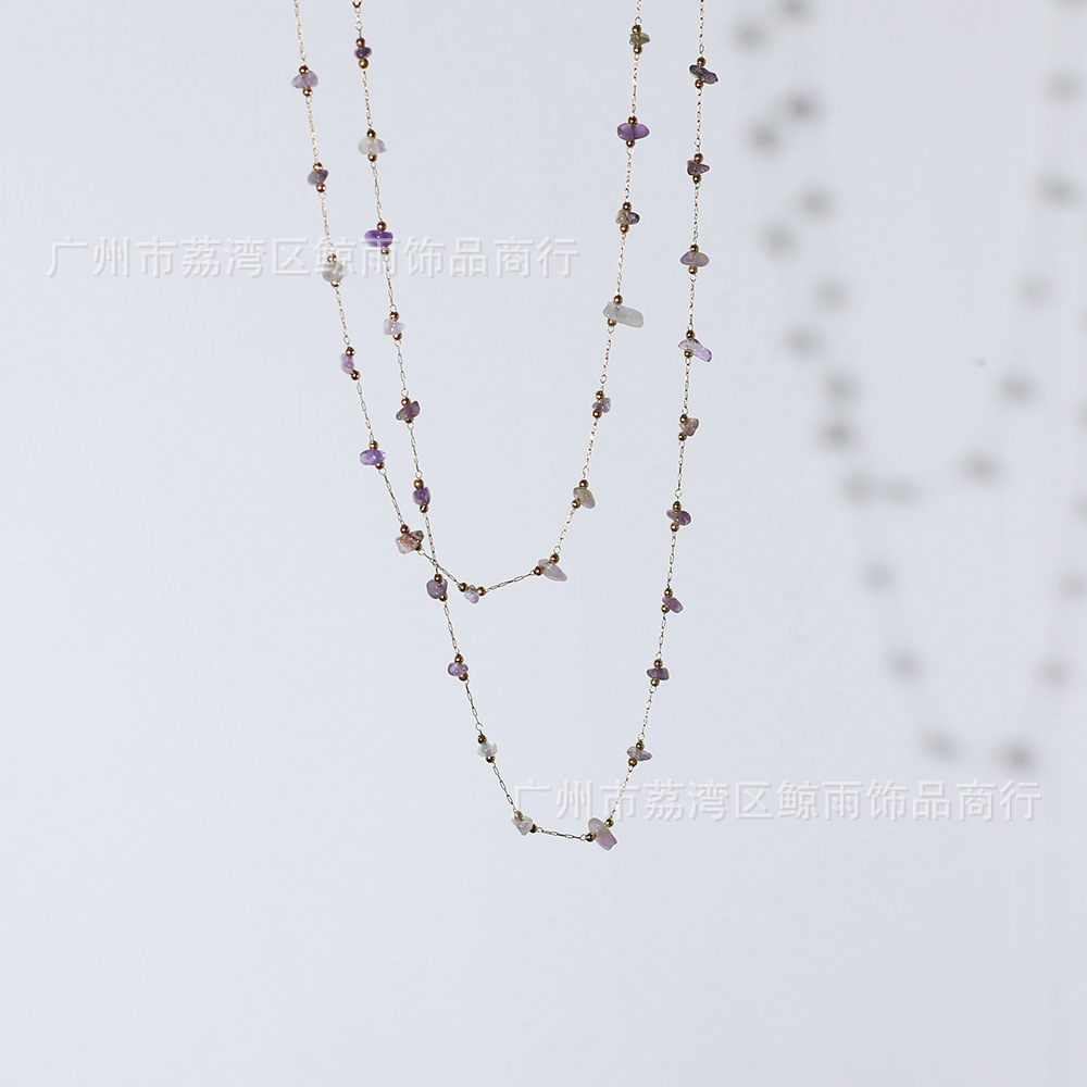 Xl092 Amethyst Irregular Golden Balls Gravel Crystal Necklace Short Chain Titanium Steel Plated 18k Gold Color Protection Live Broadcast display picture 10