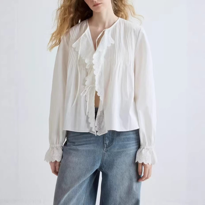 2026Ss French-Style Embroidered Lace Shoulder Tuck Relaxed Cotton Tie Shirt