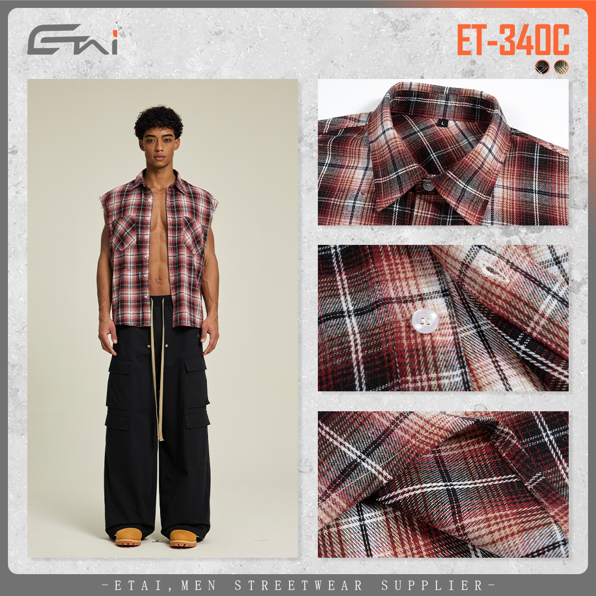 ETAI para hombre | Camisa a cuadros sin mangas con chaleco de marca de moda de verano Camisa casual de solapa suelta de alta calidad para hombre