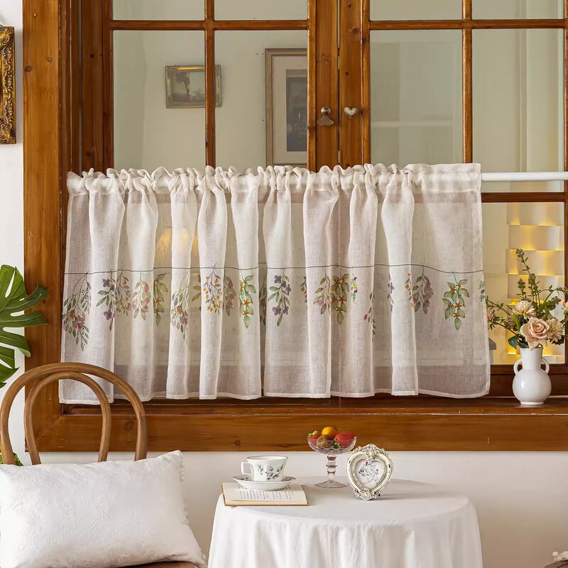 Cotton and Linen-Like Half Curtain Short Curtain Pastoral Coffee Curtain Kitchen Small Curtain Gauze Cabinet Curtain Partition Curtain Door Curtain No Drilling Required
