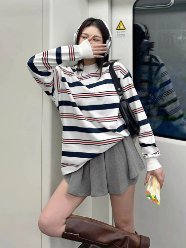 Vintage striped regular-shoulder long-sleeve women's T-shirt,  new design, small and exclusive large-sized top