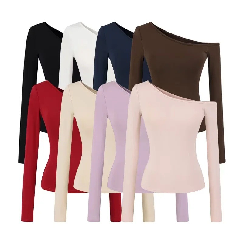 American Sexy Long-Sleeved T-Shirt with Breast Pads and Slanted Shoulders for Women 2025 Autum New Pure Color Slimming Look Short Bottoming Shirt