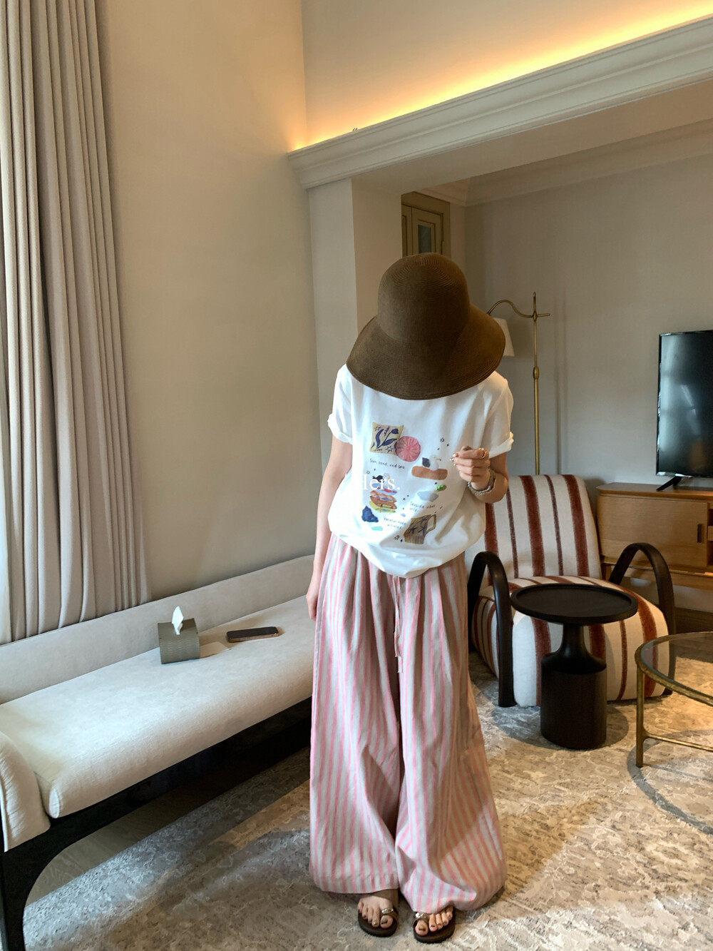 Quần culottes nữ ống rộng cạp cao sọc kẻ dáng dài suông rộng phong cách thư giãn — màu hồng chi tiết 14