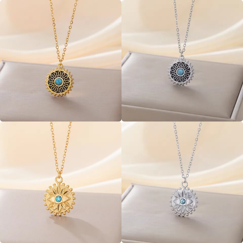 Retro Bohemian Round Pendant Necklace Design Turquoise Embellished Women's Jewelry Birthday Gift