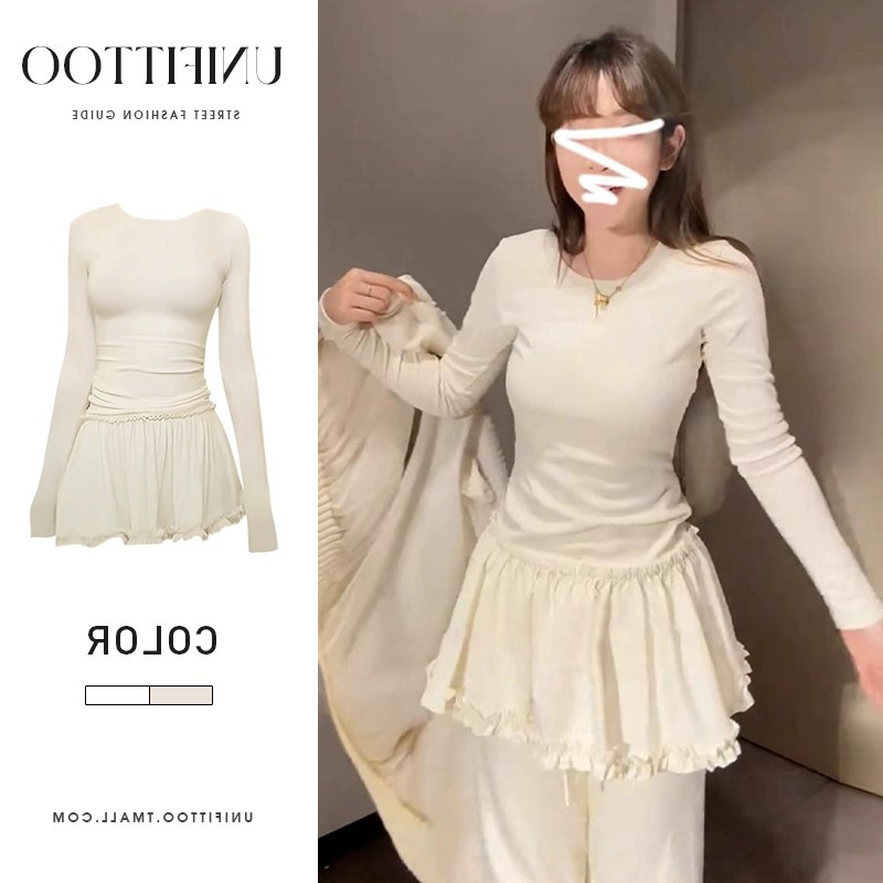 Inner Base Lace Hem Slim-fit Dress Autumn and Winter New Korean-style Long-sleeved Stacked Short Skirt Women's Ins