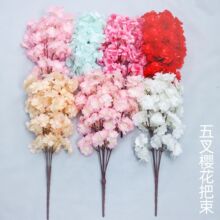 仿真樱花枝五叉樱花短款把束塑料花婚庆装饰桃花枝梨花客厅落地树