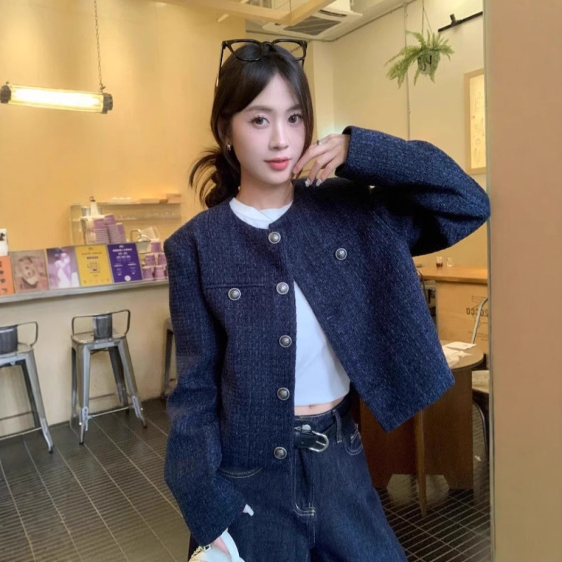 Navy Blue Short Style Jacket for Women Winter New High-Waist Slim Single-Breasted Jacket High-End A2165