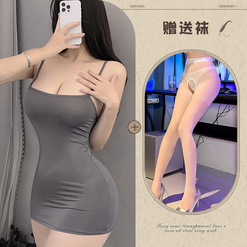 회색 오픈 크로치 스타킹