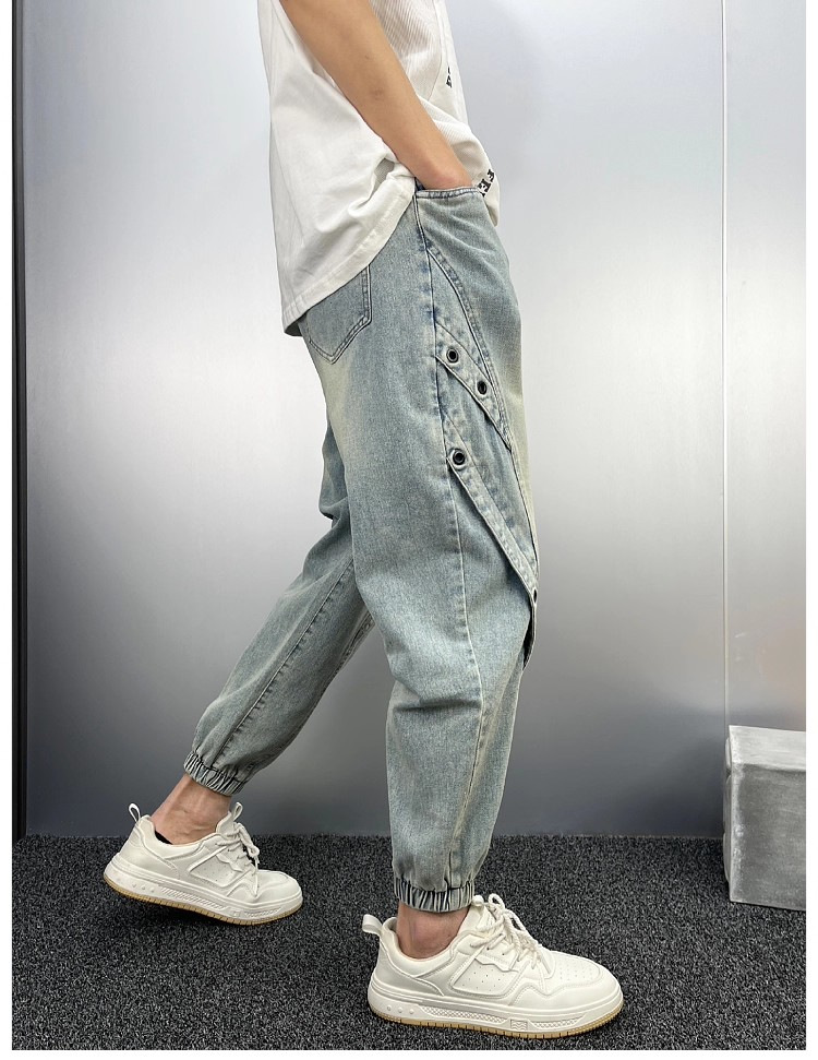 Men's Slim Fit Distressed Denim Jeans With Patchwork And Cuffs_voghion.com