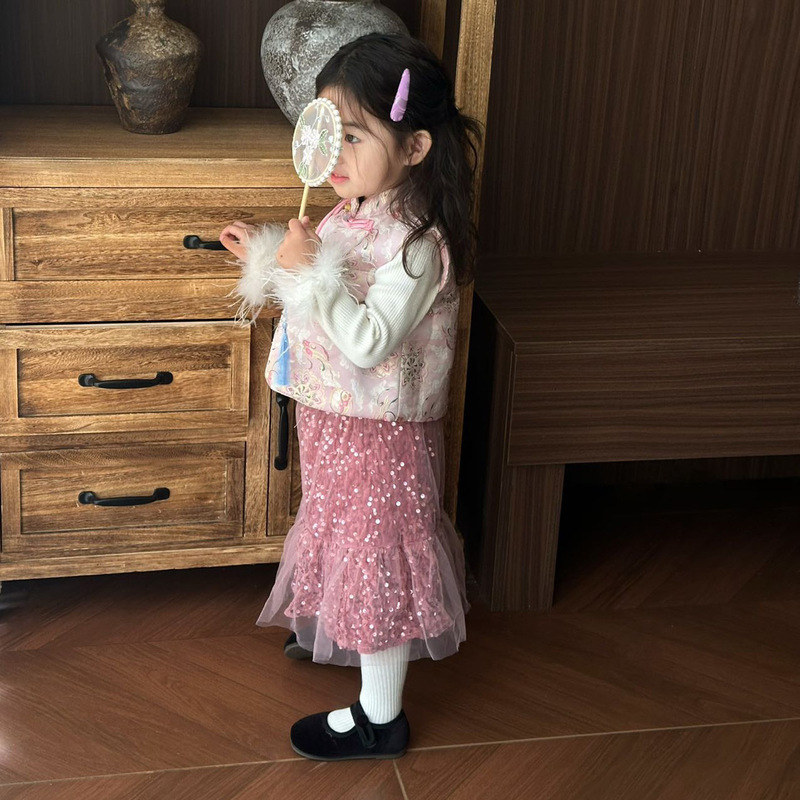 女童汉服套装唐装新中式儿童粉色坎肩马甲女宝宝亮片半身裙两件套|undefined