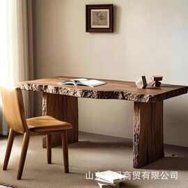 侘寂风老榆木茶桌家用长条大板桌批发餐馆实木餐桌围炉煮茶火锅桌