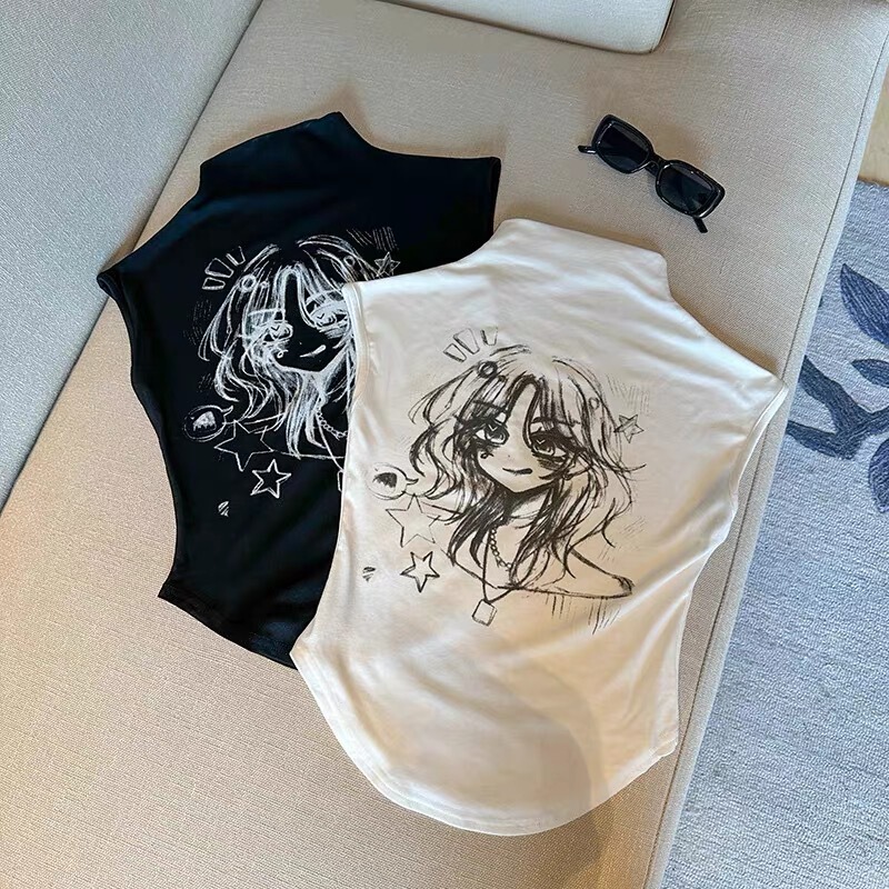 Girls' Summer New Half-High Collar Slim T-Shirt Top Korean Style Cartoon Printed Sleeveless Back Fashionable Base Shirt T-Shirt